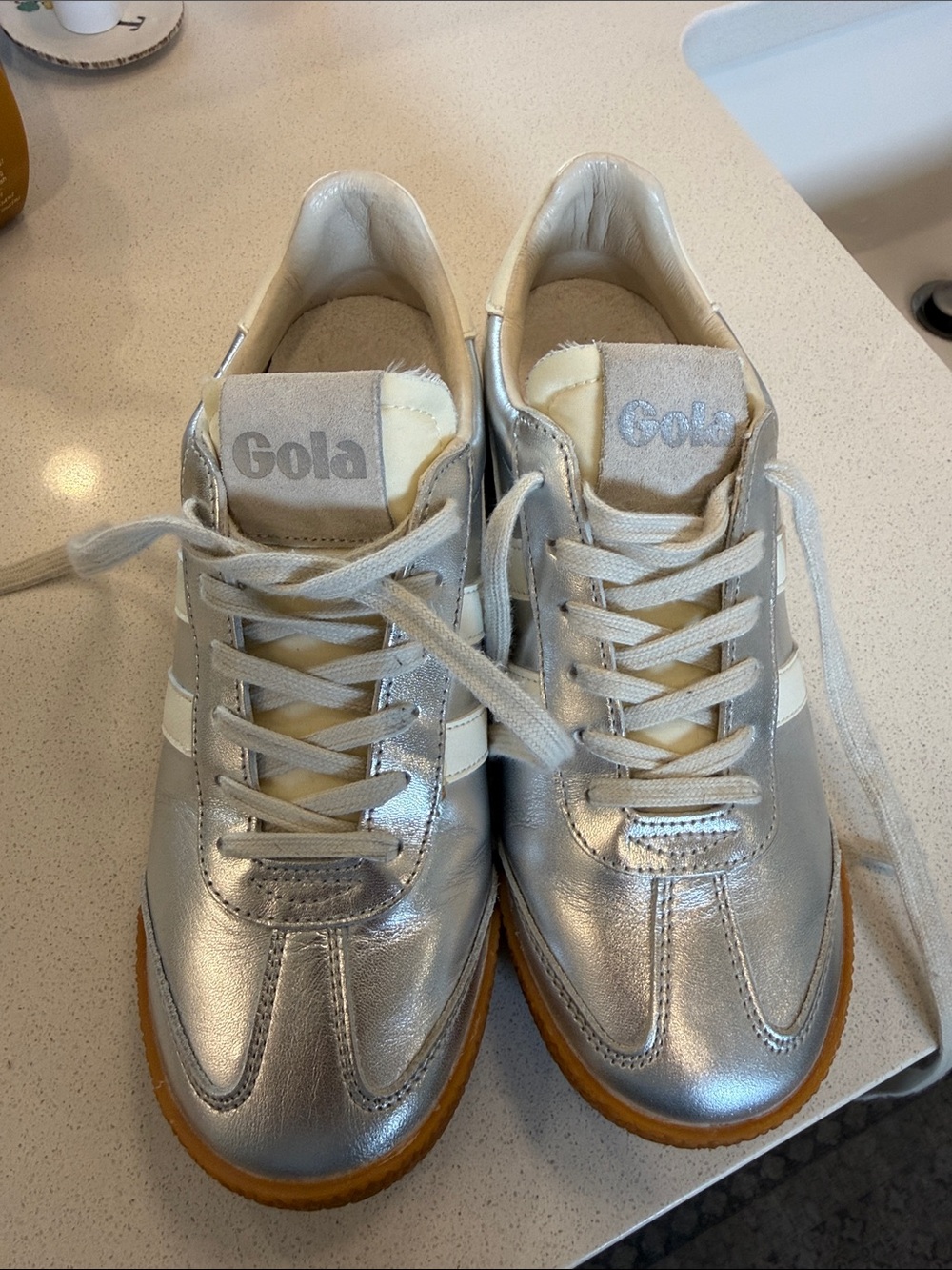 Gola Silver Metallic Retro Trainer with White Stripes